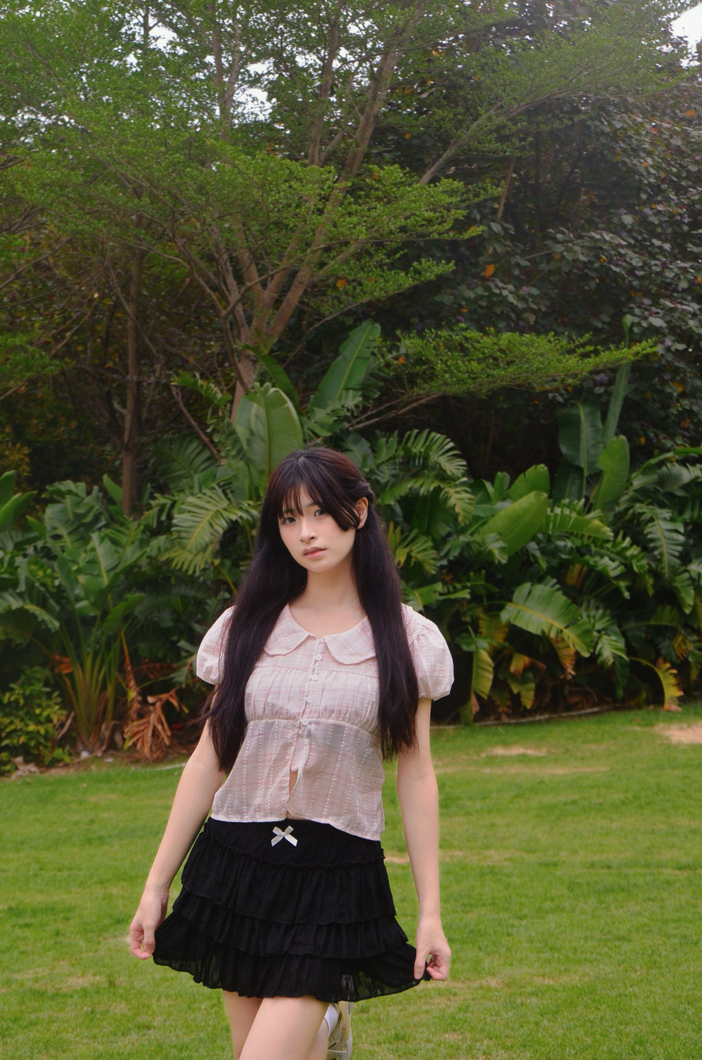 《泰國製造》粉紅色格仔圓領上衣