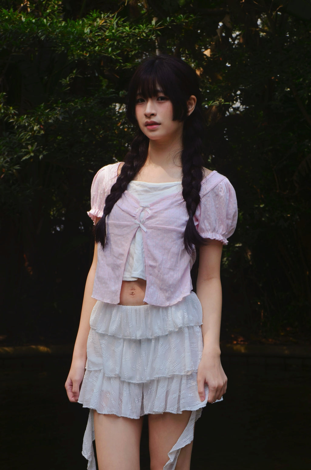 《泰國製造》粉紅色碎花假兩件上衣