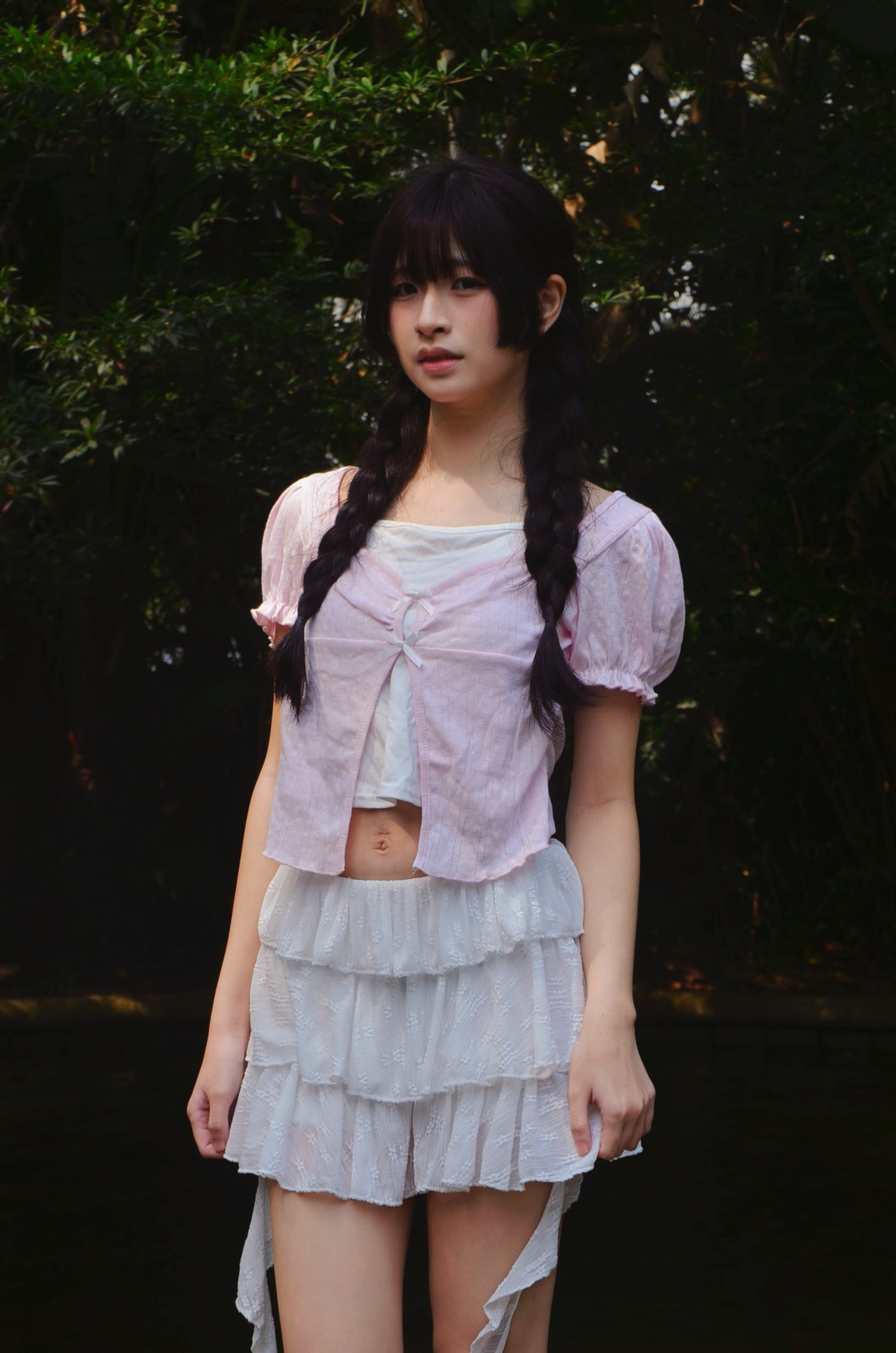 《泰國製造》粉紅色碎花假兩件上衣