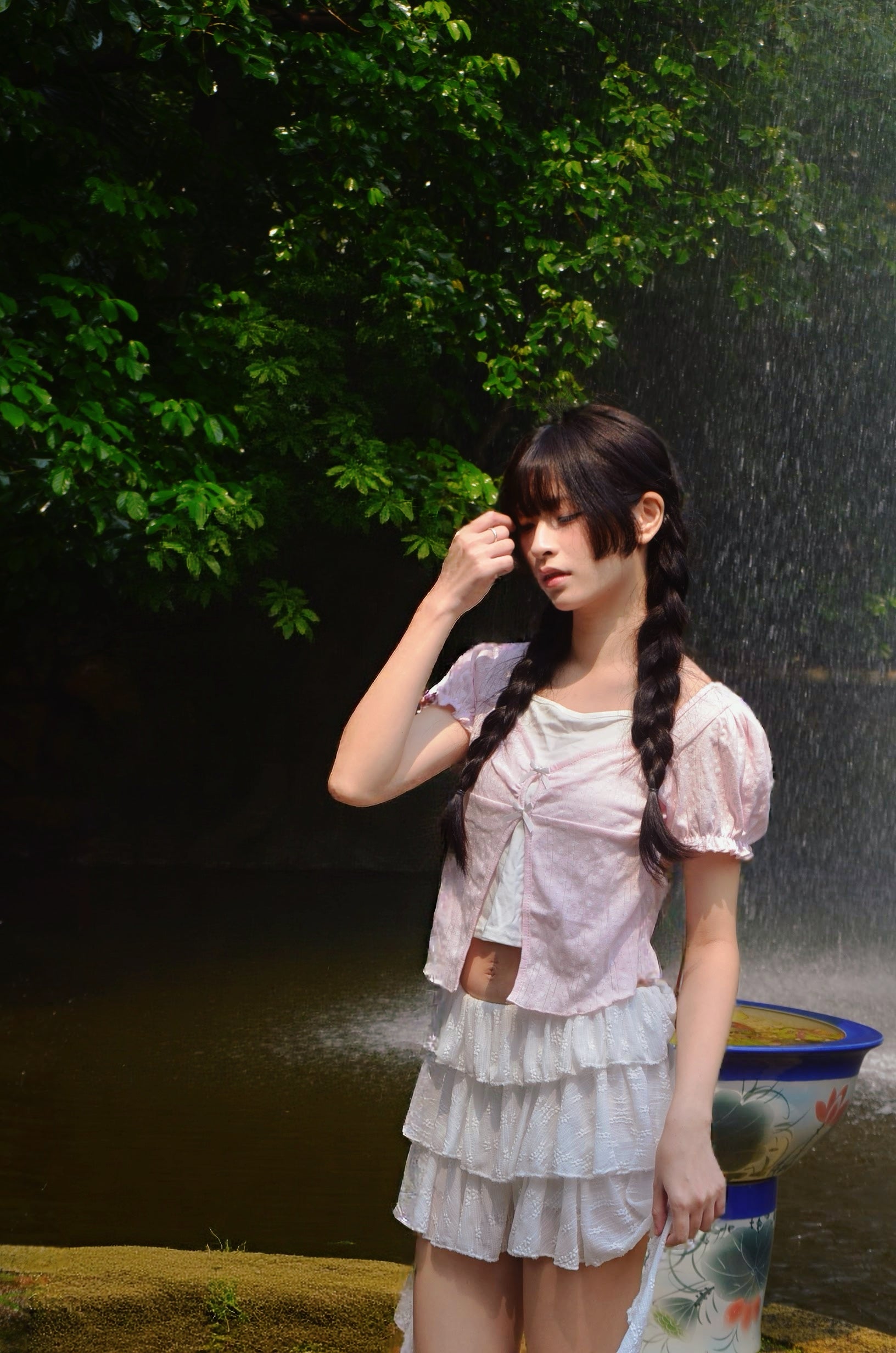 《泰國製造》粉紅色碎花假兩件上衣