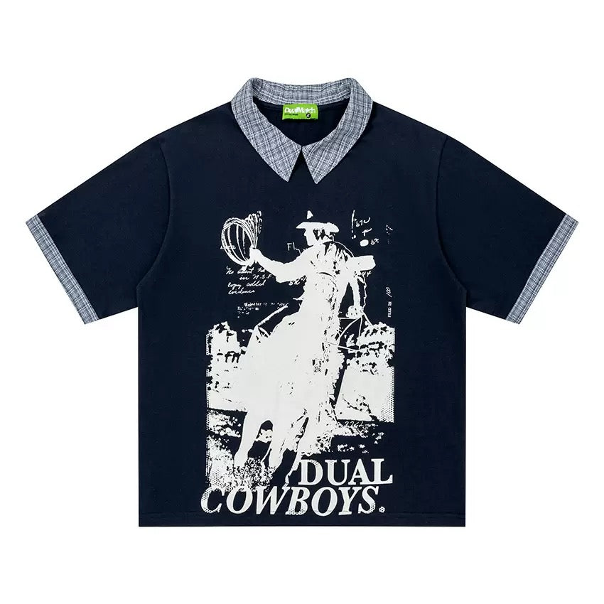 レイヤード風 衿付きグラフィックTシャツ