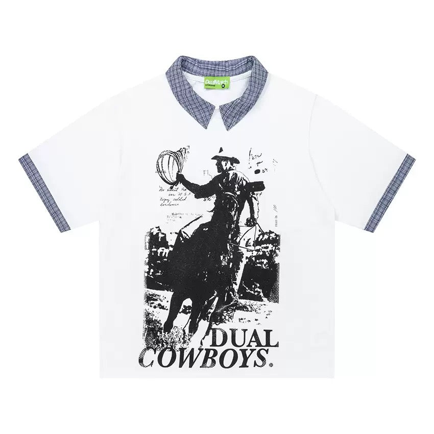 レイヤード風 衿付きグラフィックTシャツ