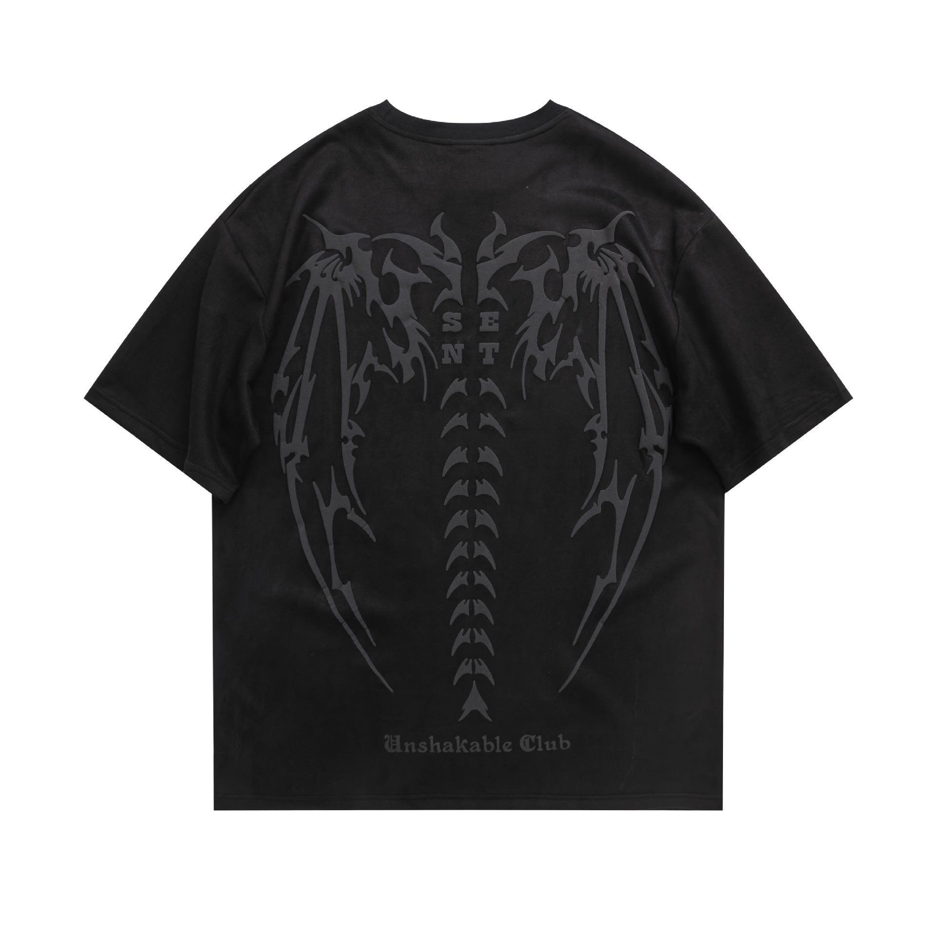 スエード生地 バックボーン＆ウィンググラフィックTシャツ